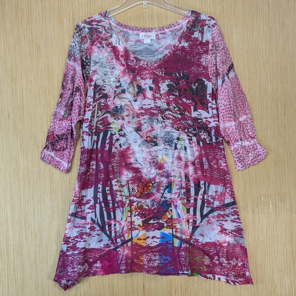 Kamana Womens Art To Wear Abstract Colorful Burnout V-Neck Tunic Top Size L Pink